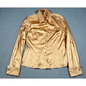 Escada Silk Blouse Top Women 34 Gold Button Up Double Collar Cocktail Casual